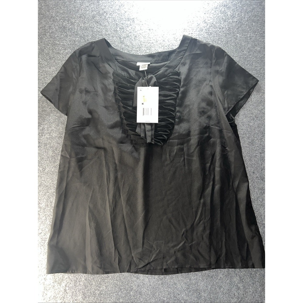 NWT Jaclyn Smith Black Ruffle Front Bow Blouse Short Sleeve Womens Size 1X / XL